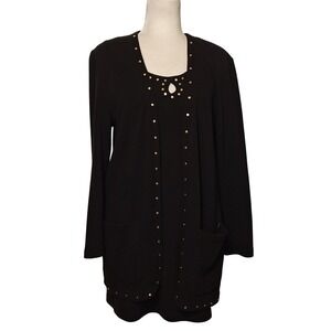 Cache 2 Piece Dress Set Women Sm Black Gold Studded Cardigan Thermal Sheath VTG